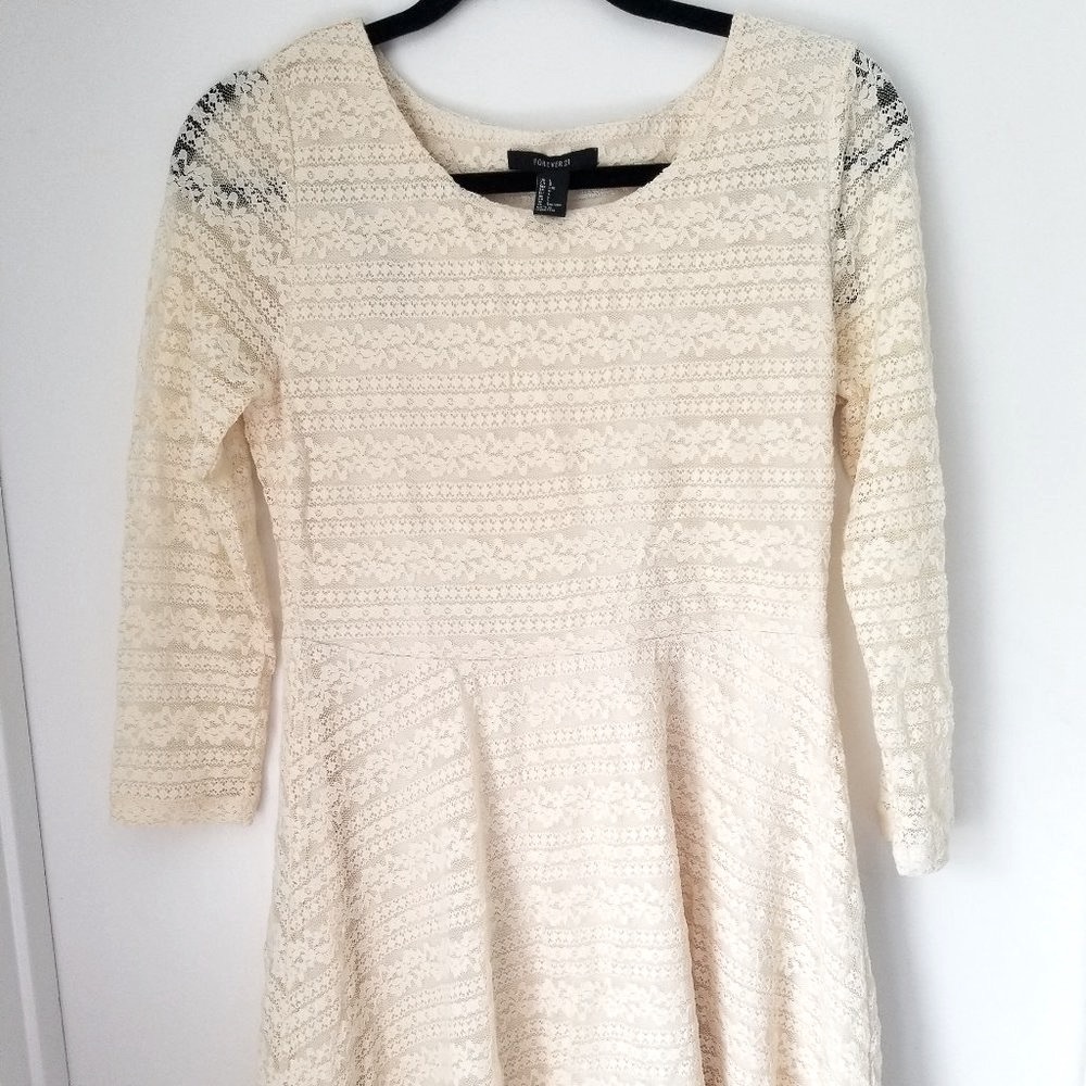F21 Cream Lace Boho Skater Dress 3/4 Sleeves